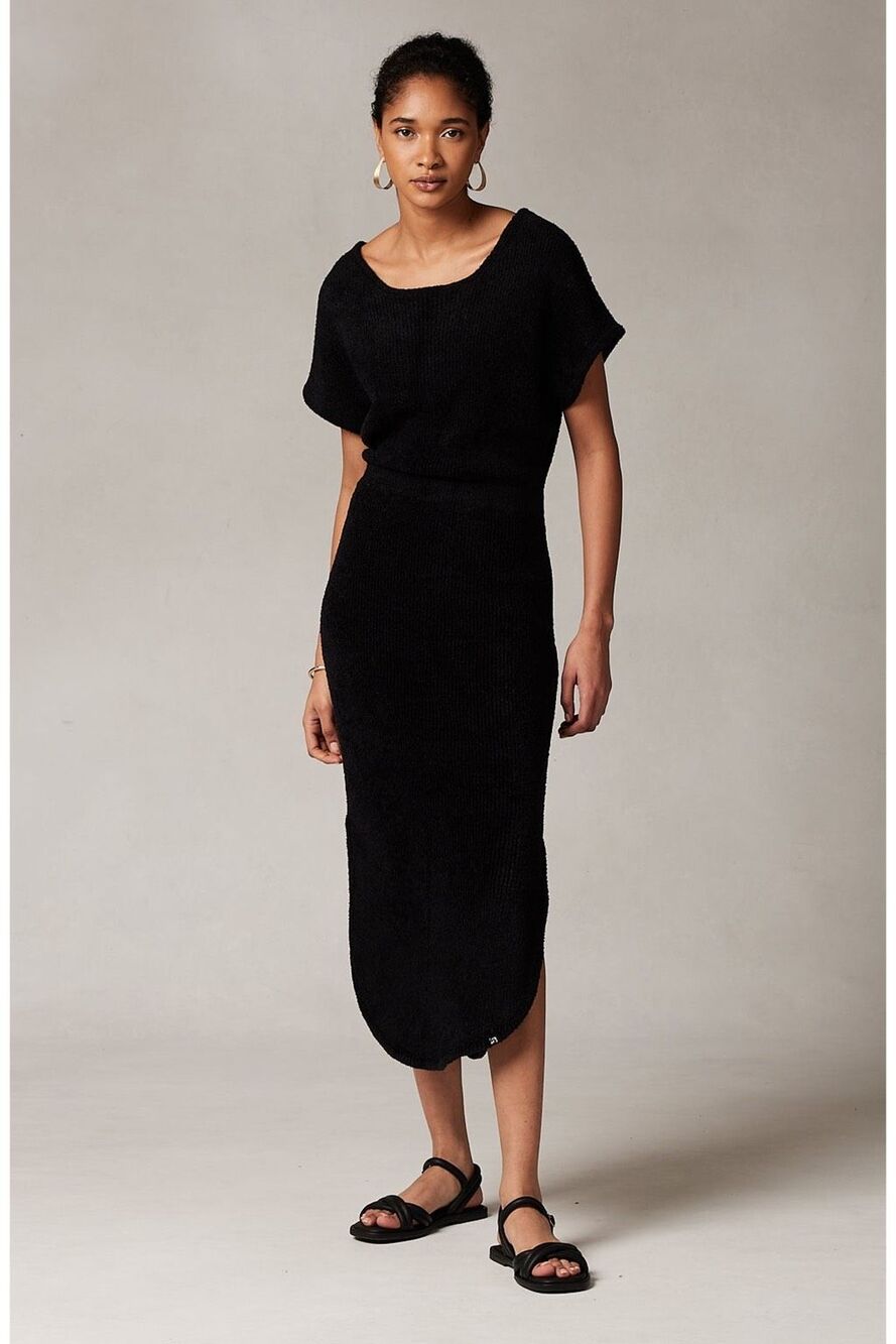 Kashwere $248 Ribbed Cap Sleeve Pullover Crisscross Back Midi Dress Black M NWT